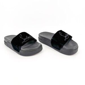 Christian Louboutin 'Navy Pool' Slide Sandals Size 37 US 7 Black Velvet Logo 35